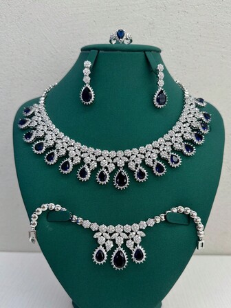 4pcs/Set Middle East Style Jewelry Set: Necklace, Earrings, Ring, Bracelet With Green & Blue Cubic Zirconia, Bridal Jewelry Set