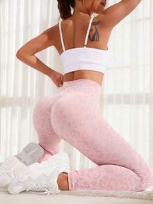 Leggings Yoga Mujer Sin Costuras, Pantalones Deportivos, Estampado Leopard Print Rosa Elástico, Estilo Dulce y Juvenil, Para Gimnasio/Streetwear/Daily - Rosa - Ver 5
