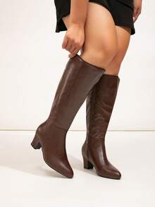 秋冬季宽楦女式欧美时尚舒适高跟粗跟优雅派对及舞会小腿靴 - 咖啡棕 - 查看 4