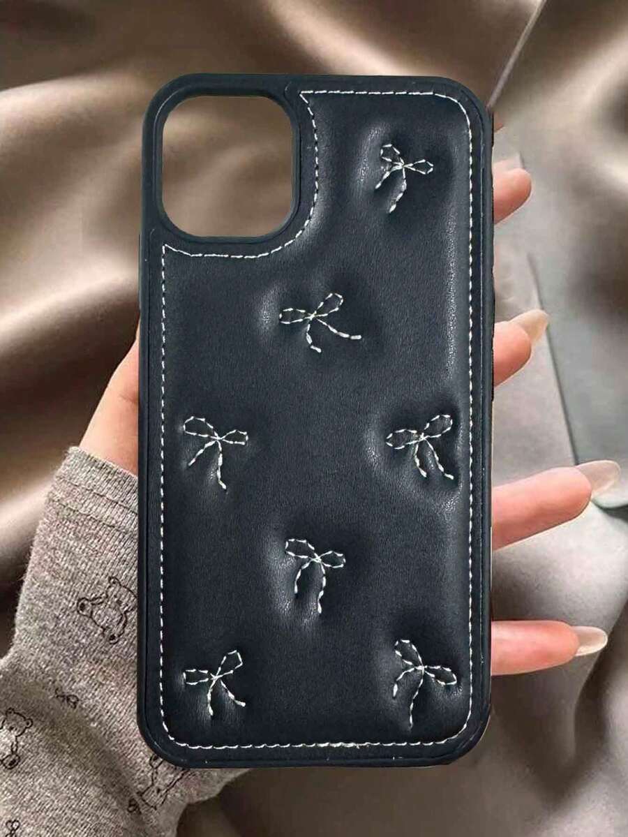 Bow-Knot 1pc Black Korean Ins Style Fashion Soft Leather Embroidered Bowknot Phone Case, Compatible With IPhone 13, 14, 15, 16, 17, 11, 12, 13, 14 Pro, 14/15/16 Plus, Anti-Drop Protection Cover