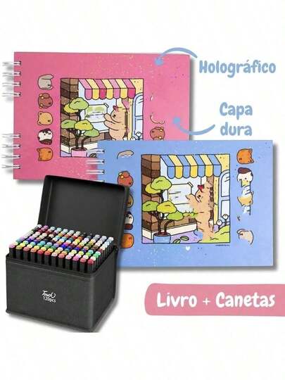 Livro de Colorir 50 Folhas Capa Dura Holográfica + Caneta Ponta Dupla Marcadoras