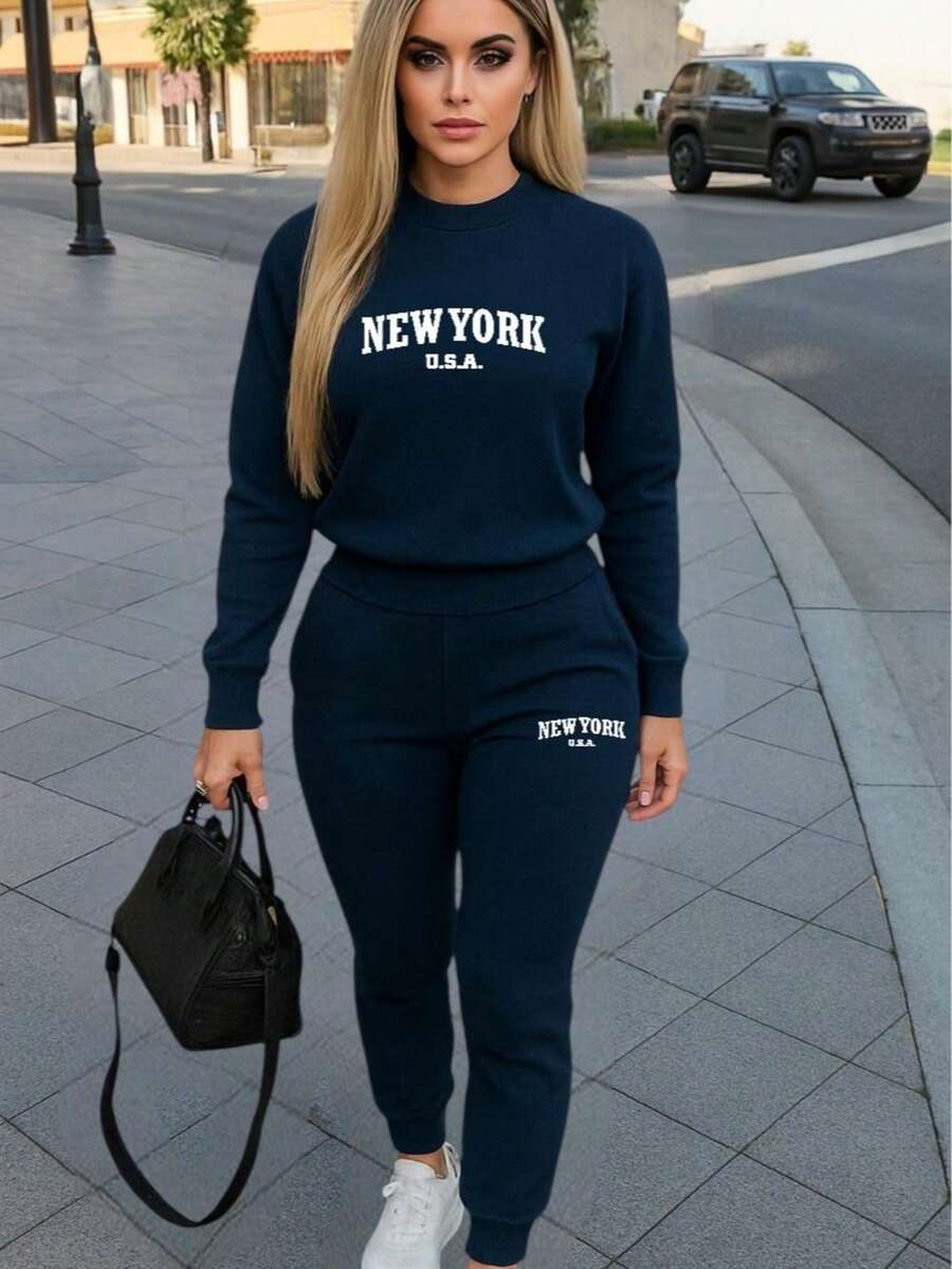 Conjunto de pants Sudadera y pantalón Felpa suave Cuello redondo Estilo cómodo Conjunto deportivo - Azul Marino - Ver 1