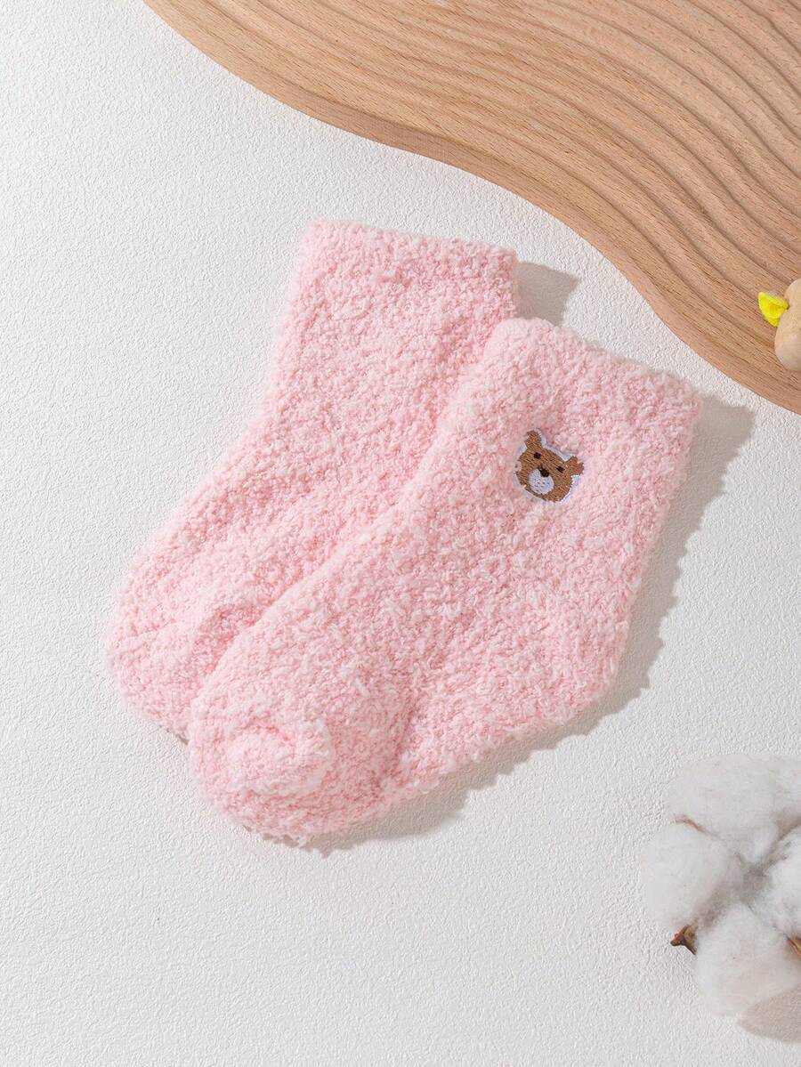 1 Pair Kids Cute Cartoon Bear Embroidered Warm Slipper Socks, Essential For Autumn/Winter - Pink - View 1