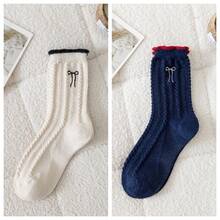 1/2/3/5 双装女士中筒袜，适合秋冬季节，可爱蝴蝶结图案，保暖舒适，可搭配靴子，厚羊毛袜，舒适袜