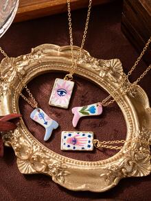 1件时尚复古棕榈眼太阳眼粉色靴子滴油项链，18k电镀金，展现女性独特魅力，适合女士日常休闲、社交宴会着装、音乐节，可作为护身符佩戴，女士配饰项链，女士珠宝项链。可作为礼物送给母亲、妻子和女朋友。