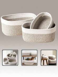 1pc Minimalist Woven Storage Basket, Suitable For Storing Cosmetics, Desktop Items, Living Room, Bedroom, Multi-Color Woven Basket For Storing Miscellaneous Items, Stationery, Toiletries, Towels, Can Also Be Used As A Bathroom Storage Box - Grey - View 6