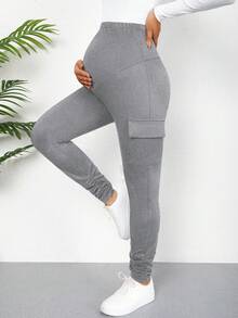 Maternity Grey/Light Grey Slim Cargo Pants With Abdominal Support Design, High Stretch Knit Fabric Elastic Waistband, Ruched Ankle Ruffle Detail, Comfortable For Daily Work, Casual And Home Wear Spring - Grey - View 5