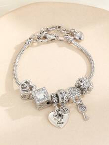1 Piece European And American Stylish Heart Bow - Heart Flower 2-In-1 Heart Lock Keychain Beads Bracelet - 彩色 - 查看 1