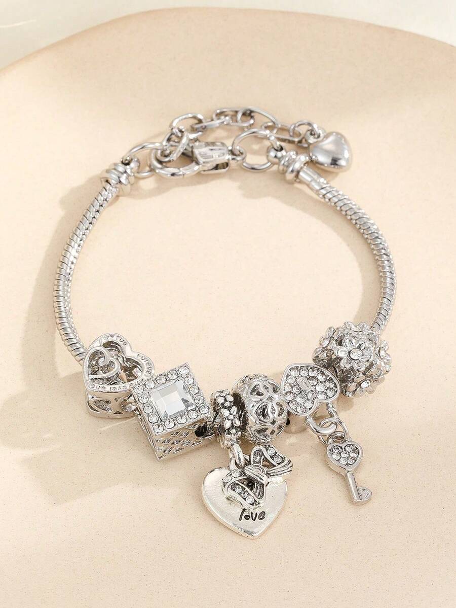 1 Piece European And American Stylish Heart Bow - Heart Flower 2-In-1 Heart Lock Keychain Beads Bracelet - 彩色 - 查看 1
