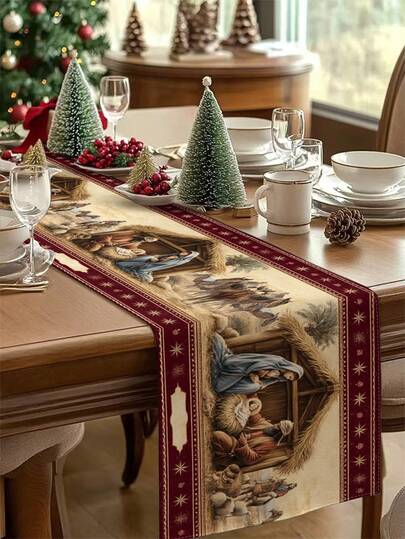 1 件圣诞耶稣诞生装饰桌旗、圣诞亚麻桌旗、圣诞厨房装饰桌旗、1 件桌旗、4 件餐垫、1 件枕套、3 种产品可选、季节性家居装饰室内/室外派对用品、冬季家居装饰、圣诞装饰、圣诞房间装饰、圣诞派对装饰