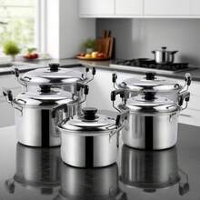 Juego de 5 piezas de utensilios de cocina de acero inoxidable - Ollas duraderas con tapas, interior pulido, asas remachadas y perillas resistentes al calor - Plateado - Ver 2