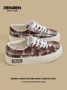 RENBEN 2 piezas/Set Zapatillas de lona con cordones de color marrón casual para mujer, nueva llegada de otoño 2025, estilo de mezclilla, ligeras, suela gruesa, adecuadas para estudiantes de escuela secundaria y universidad
