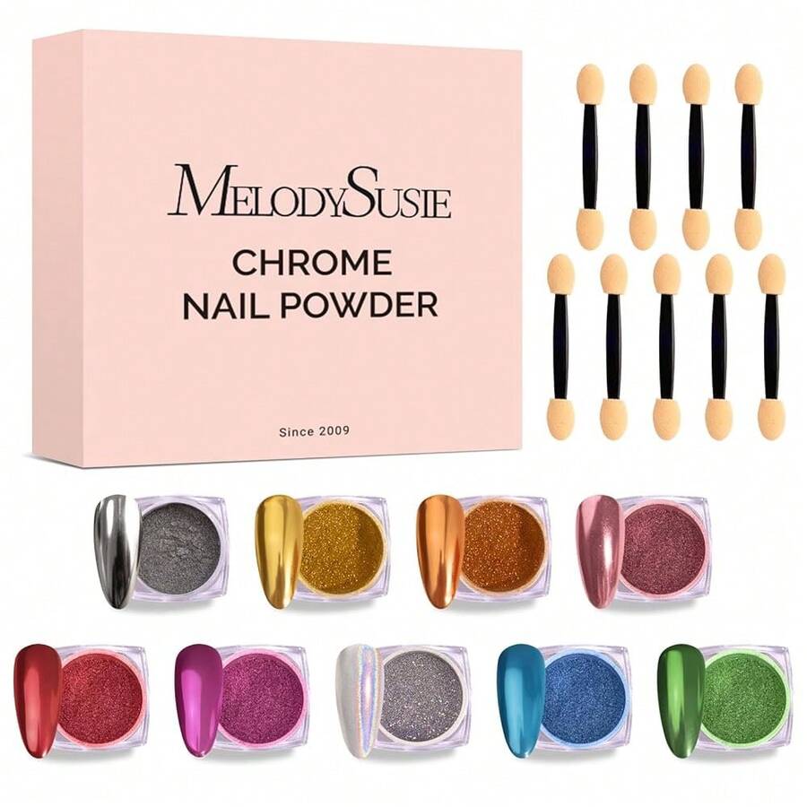 9Pcs Chrome Nail Powder For Gel Nails,Metallic Mirror Effect Pigment Stylish And Technological Fine Glitter For Home DIY Salon Use{"Color_name":"Multi-Color"} - 多色的 - 查看 1