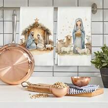 2 piezas Juego de toallas de cocina navideñas, toallas de cocina con escena de la Natividad, paños de cocina suaves y absorbentes, estilo rústico, trapos de limpieza modernos de microfibra súper absorbentes, toallas de té para cocinar y hornear, paños de cocina, súper suaves y muy absorbentes, decoración de cocina, accesorios de cocina, artículos esenciales para el hogar