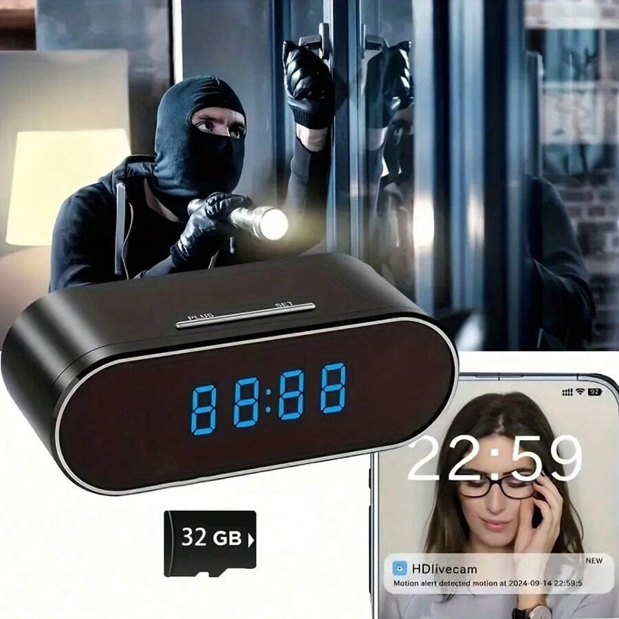 1080P HD Digital Desktop Clock Indoor Security Camera With 2.4G WiFi Remote Live Viewing, Digital Display, Night Vision, Surveillance Camera, Loop Recording, Suitable For Home, Office, And Store Monitoring, Comes With 32GB SD Card - Black - View 1