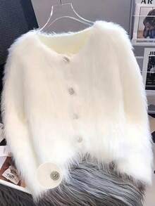 Faux Mink Fleece Casual High-End Personalized Button Women's Cardigan, Solid Color Front Button Closure, Soft Fleece, Suitable For Beach, Office, Halloween, Christmas, Valentine's Day, Spring/Autumn, Autumn/Winter