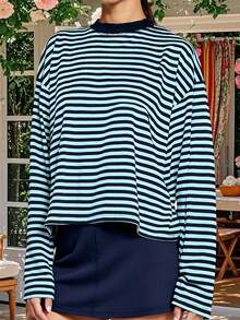 Women Striped Long Sleeve Baggy T Shirts Y2k Vintage Stripes Oversized Boxy Tees Cropped Tops Lionesss Stripped Sweatshirt Fall Preppy Teen Girl Clothes - 藍色 - 查看 2
