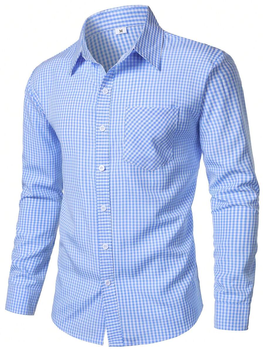 Men's Casual Plaid Simple Long Sleeve Shirt, Suitable For Commuting, Business, Vacation - Blue - View 1