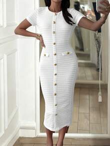 Unadoll Women's Spring Short Sleeve Round Neck Zip Front Dress, Decorated With Buttons, Back Slit Design, Elegant And Charming, Suitable For Dates, Commuting, Weddings, Valentine's Day, Birthdays And Formal Occasions - White - View 9