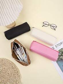 1 Solid Color Zipper Pencil Case, Pencil Case, Study Supplies, School Subjects, Luggage, Suitable For Schools And Offices, Student Stationery, Back To School Supplies, Women's Makeup Bag, Beauty Bag, Stationery Classification Storage Bag, School Supplies (White, Black, Pink, Brown)