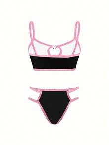 2 件套心形、樱桃、火焰印花女士吊带背心和丁字裤内衣套装，Y2K 风格 - 彩色 - 查看 2