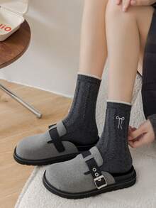 1/2/3/5 双装女士中筒袜，适合秋冬季节，可爱蝴蝶结图案，保暖舒适，可搭配靴子，厚羊毛袜，舒适袜