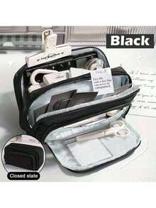 Double Layer Double Zipper Large Capacity Stylish Multi-Functional Pencil Case, Back To School Supplies, Essential For Children, Available In Pink, Blue, Black - Multicolor - View 10