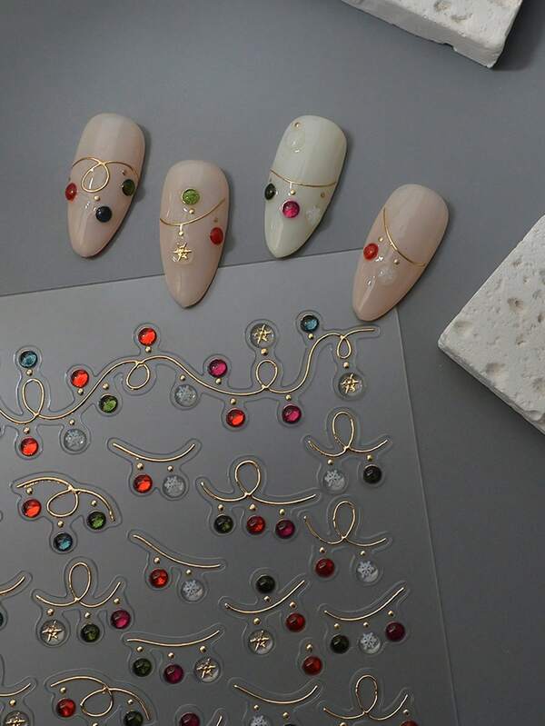 1 قطعة ملصق أظافر جيلي 5D عالي الجودة بأضواء عيد الميلاد الملونة، جوهر أظافر جيلي شفاف، زخرفة بشكل نجمة الثلج الذهبية، ملصق لاصق ذاتي مقاوم للماء لل- DIY