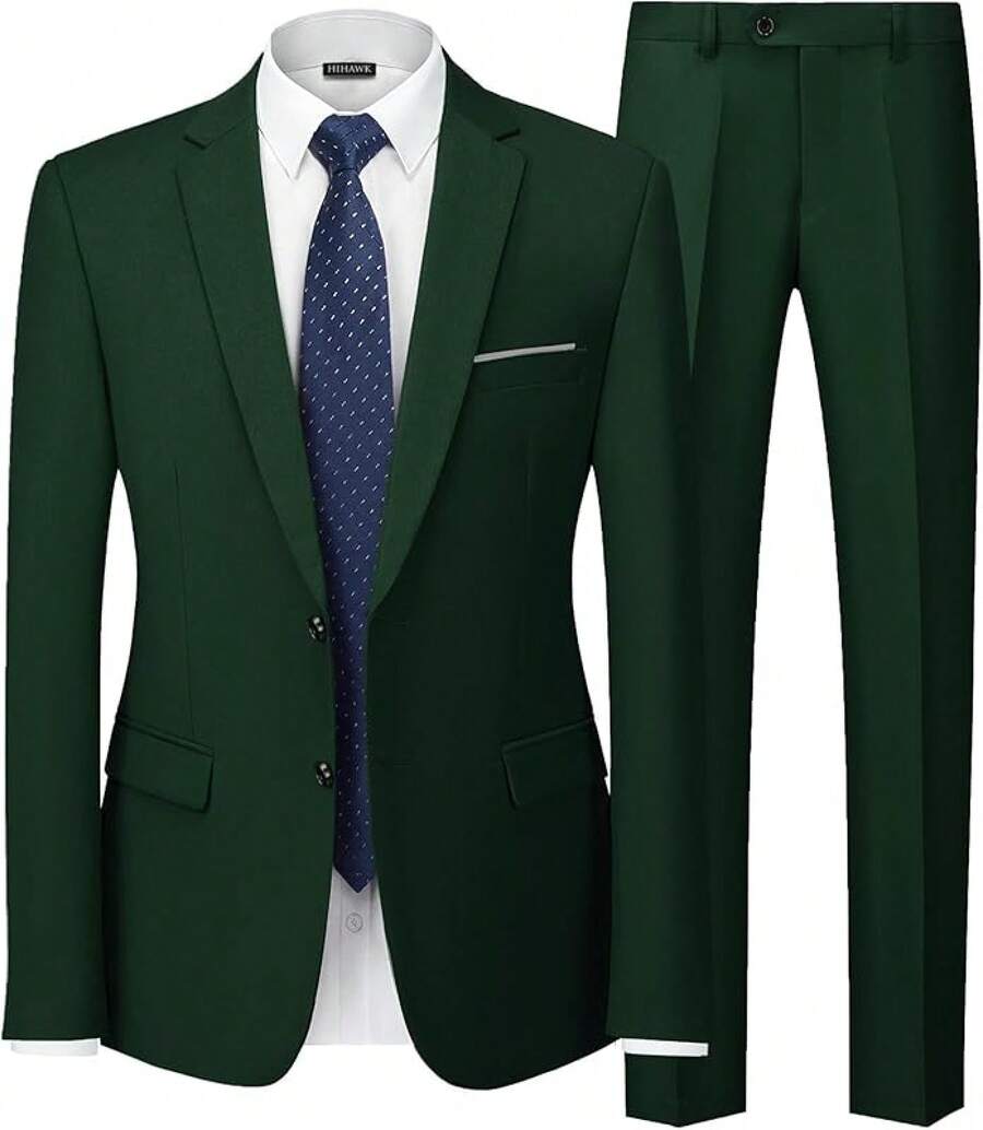 Hihawk Men's 2 Piece Suit, 2 Button Solid Pants SetChristmas FGLB - Deep Green - 查看 1