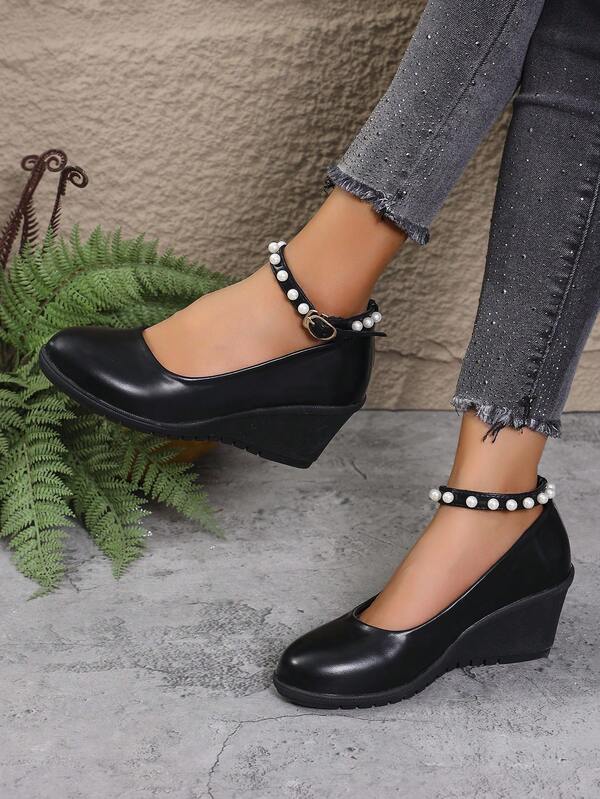 Zapatos de cuña negros con correa de tobillo y decoración de perlas falsas para mujer, cómodos para ir al trabajo, adecuados para fiestas, bailes de graduación, ir al trabajo y vacaciones