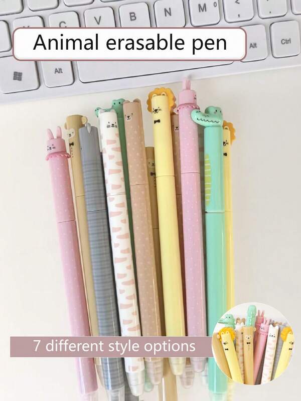 7pcs Cute Animal Erasable Gel Pens, Various Animal Expression Push-Button Ballpoint Pens, Quick-Drying Thermal Erasable Ballpoint Pens For Elementary Students, Suitable For Children Back To School Exam Gifts