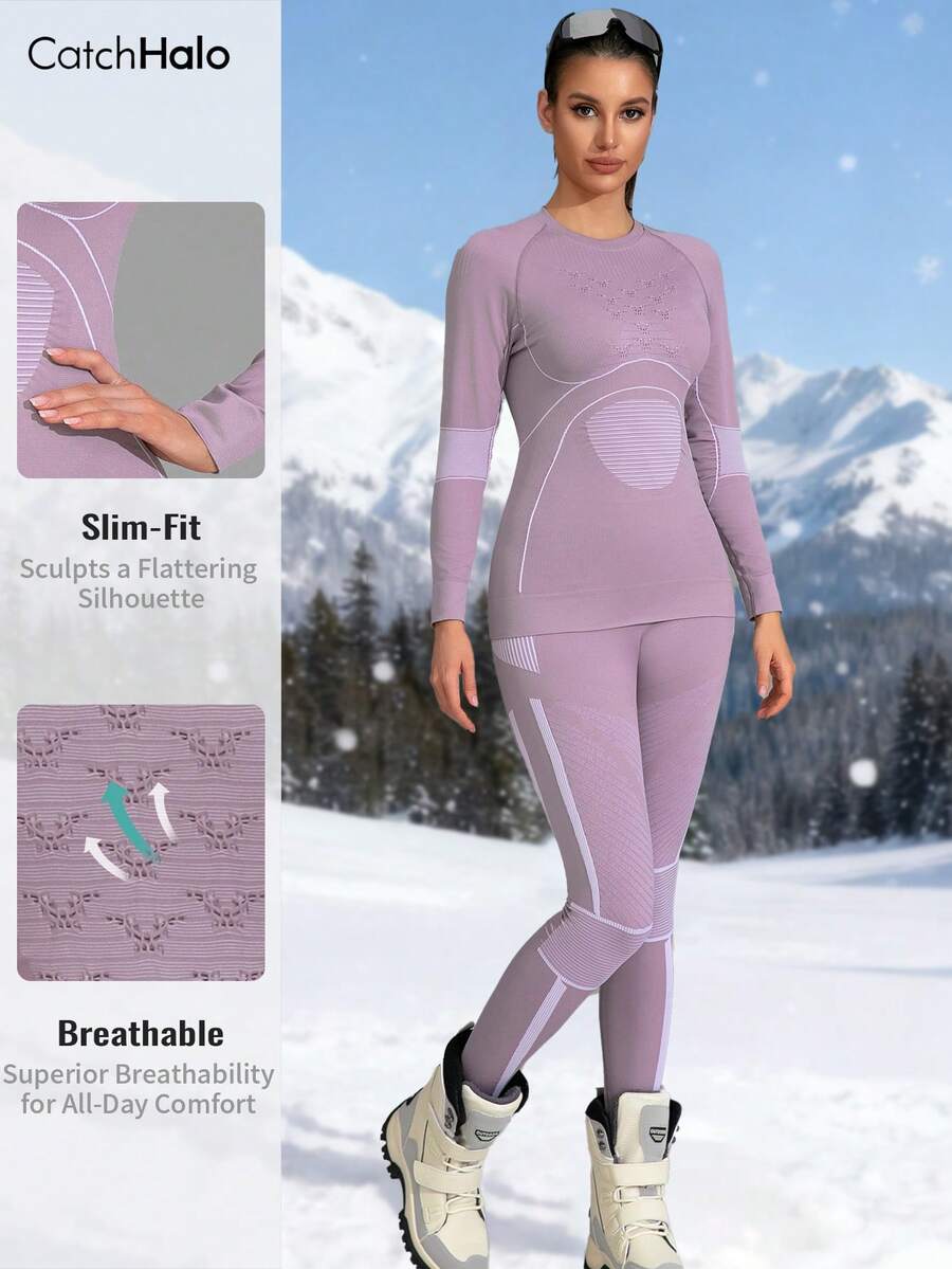 1pc Seamless Ski Suit, Soft Lavender Ribbed Slim Fit, Breathable & Warm, Quick-Drying Cloud-Like Softness Sports - Dusty Pink - View 1