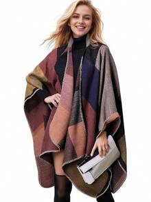 Pashminas Mujer Invierno Frio,Capas Para Mujer Frio,Poncho Termica Grande Con Frente Abierto,Bufanda Invernal Suave De Cuadrícula - Caqui - Ver 12