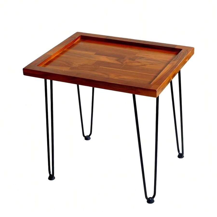 Large Mahogany Tea Table With Leaf Pattern, Coffee Table, Legs Made Of Lacquered Iron, For Use In The Living Room, On The Sofa Or In The Garden