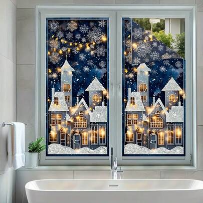 1pc Winter Snow House With Light String Window Film, Static Sticker Privacy Decorative Window Film, Blue And White Snow Night Scene, Suitable For Bedroom, Living Room, Home Decoration, Winter Window Decoration, Comfortable Room Decoration, Christmas Holiday Gift