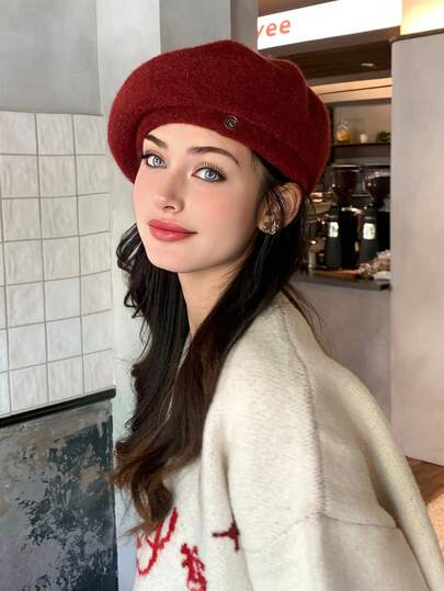 1 件女士纯色贝雷帽，优雅复古街头风格贝雷帽，适合日常穿着、聚会、购物、郊游、派对