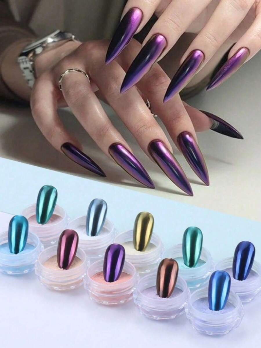 10pcs/Set Pearl Nail Powder Kit, Holographic Rainbow Glitter Powder For Nail Art And DIY Decoration, 10 Colors/Set, Nail Art Supplies, Nail Decorations, Nail Tools - 彩色 - 查看 1