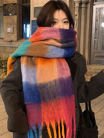 1pc Women's Colorful Checkered Fall And Winter Scarf, Suitable For Warming The Neck, Windproof, Cold-Proof, Outdoor Sports, Gradient Color Winter Scarf