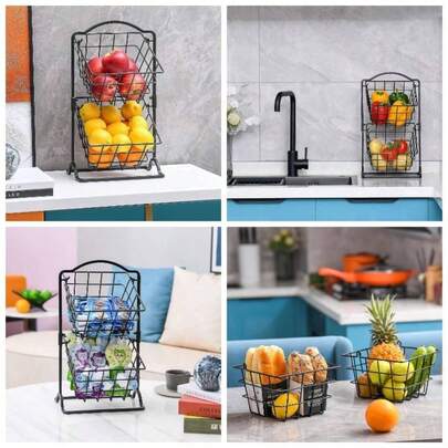- Cesta de frutas de hierro de 2 niveles para encimera de cocina, pan, frutas y verduras, cesta de almacenamiento para colgar en alambre, soporte para organizador de cocina, negro mate