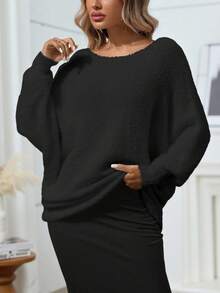 加大码纯色蝙蝠袖宽松针织套头衫，适合冬季 - 黑色 - 查看 3