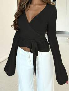 Onicee 女式时尚纯色 V 领系带喇叭袖衬衫，秋季 - 黑色 - 查看 14