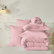 5/7pcs Simple And Stylish Embossed Bed Comforter Set, 100% Microfiber Soft Breathable Summer Bedding Set, Comfortable And Durable, Include 1 Comforter+1 Flat Sheet+1 Fitted Sheet+1/2 Pillowcases+1/2 Pillowshams,All-Season, Bed In A Bag, Room Decor, Best Gift - Hồng-BZ01 - Xem 8