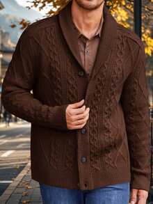 Mens Chunky Shawl Collar Cardigan Sweaters Cable Knit Button Down Knitwear Warm Fall Winter Outfits - Coffee Brown - View 2