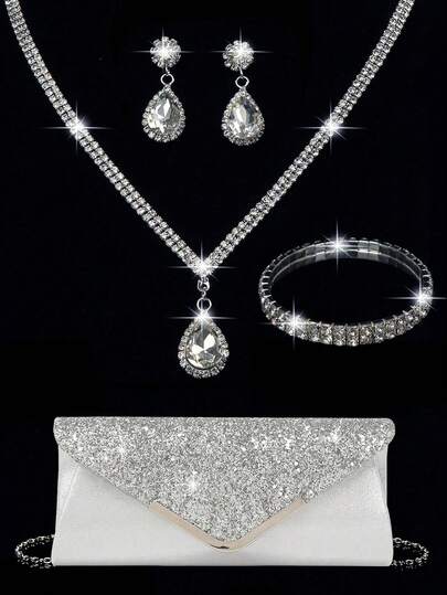 女士钻石首饰 闪耀奢华水钻首饰套装 闪耀项链 耳环 手链套装 个性闪耀亮片手提包 V 型翻盖信封包 时尚宴会包 手提宴会包 手提宴会包 优雅手提宴会包 女士舞会手提包 女士新娘宴会包 舞会手提包 金属链手提包 婚礼派对手提包 酒会婚礼 新款钱包宴会包