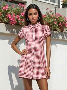 Women Plaid Shirt Dress Slim Fit Collared Short Sleeve Button-Up A-Line Mini Dress Casual Summer Streetwear - 紅色 - 查看 7