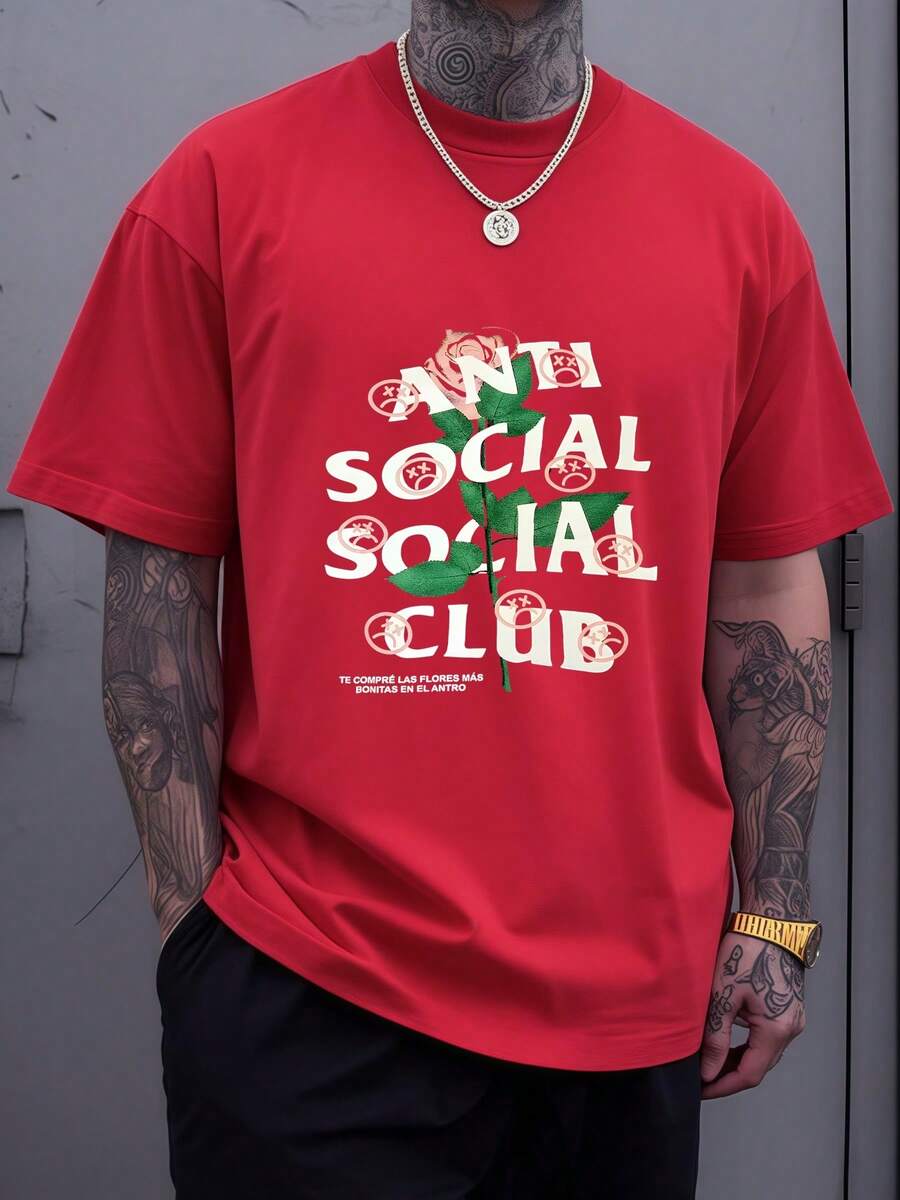 Artistic Graphic Featuring A Blooming Rose Intertwined With Bold Anti Social Club Text Symbolizing Contrast Between Beauty And Isolation 100% Cotton Casual Tee For Men - 紅色 - 查看 1