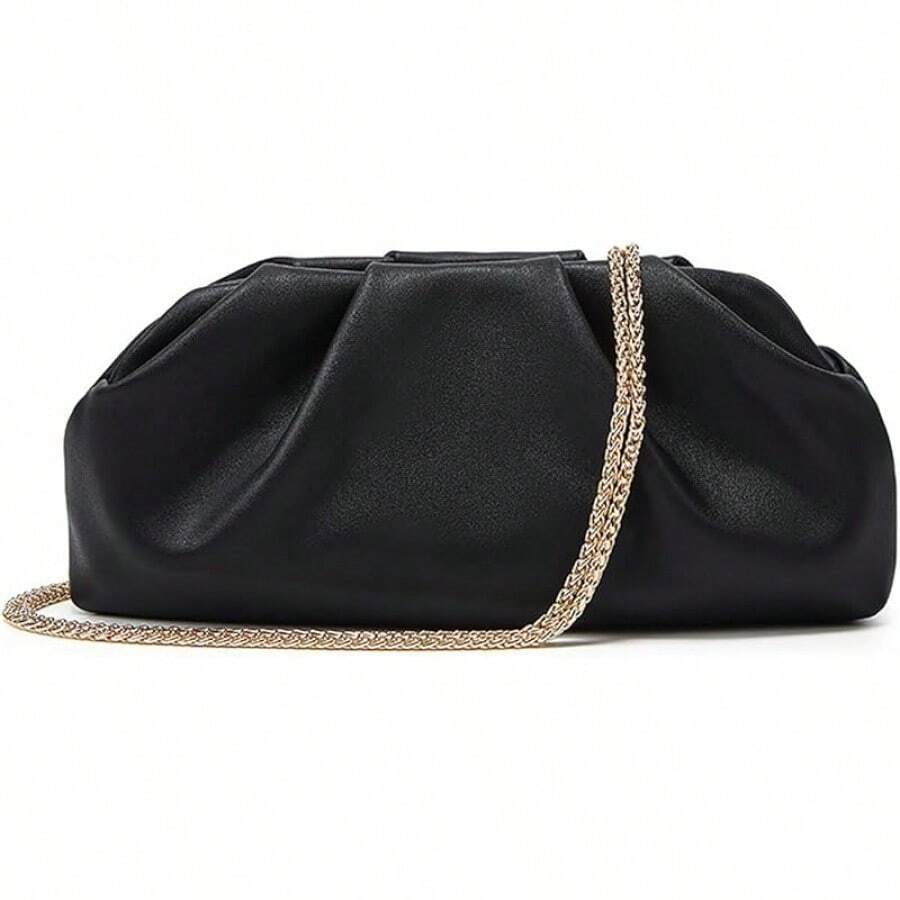 Women's Ruched Clutch Purse, Metallic Gold Vegan Leather Evening Bag, Formal Pleated Handbag For Wedding Party Promhalloween - 黑色 - 查看 1