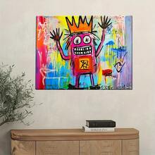 Poster-2D Flat, 2D Flat One Piece Vintage A Cute Happy Monster Wearing Crown By Jean Michel Basquiat Suitable As Decorative Art In Living Rooms, Bedrooms And Bathrooms., 2D Flat - 黑色 - 查看 2