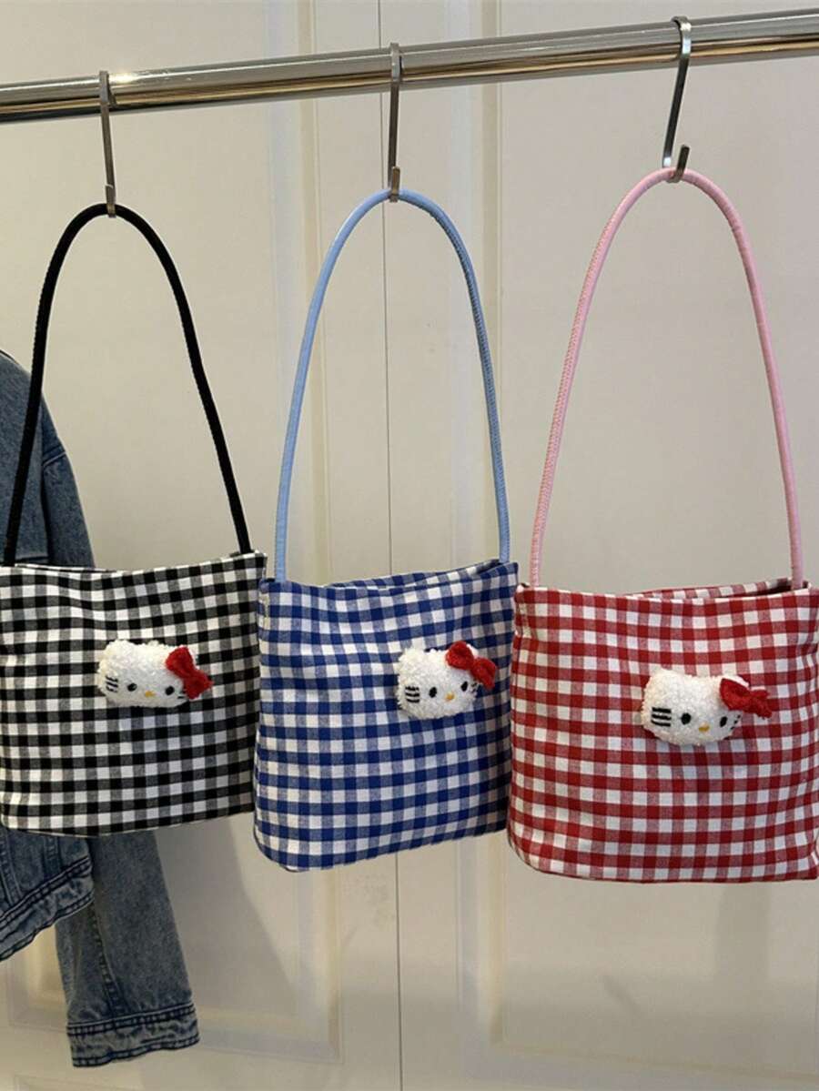 Sanrio Plaid Tote Bag Women's Cute Cartoon Check Pattern Shoulder Bag Lightweight Spacious Hobo Purse Kawaii Aesthetic Casual Daypack Gift Idea - Multicolor - View 1