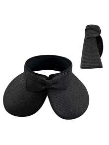 1Pc Solid Color Adjustable Sun Hats For Women Fashionable Women Wide Brim Hat Roll-Up Straw Sun Visor Hat